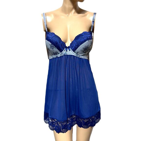 ADORE ME Size 30DDD Blue Underwired Lace Hem Babydoll Chemise Dress Sheer NWT - Picture 2 of 10
